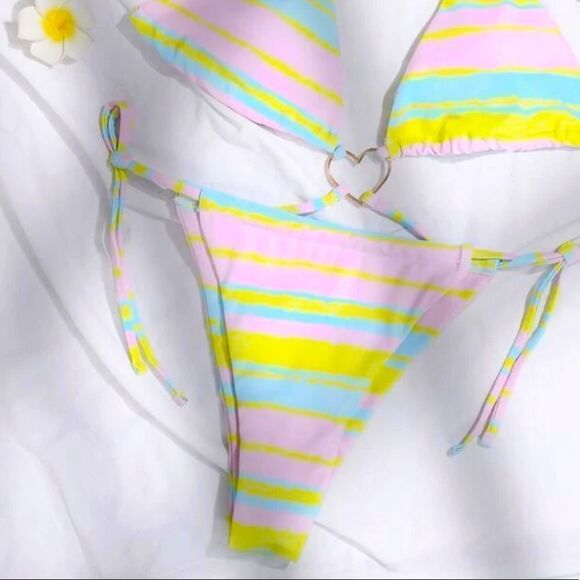 NEW! Y2K Neon Summer Stripe Stringy Ruched Bikini Bottoms - Picture 10 of 13